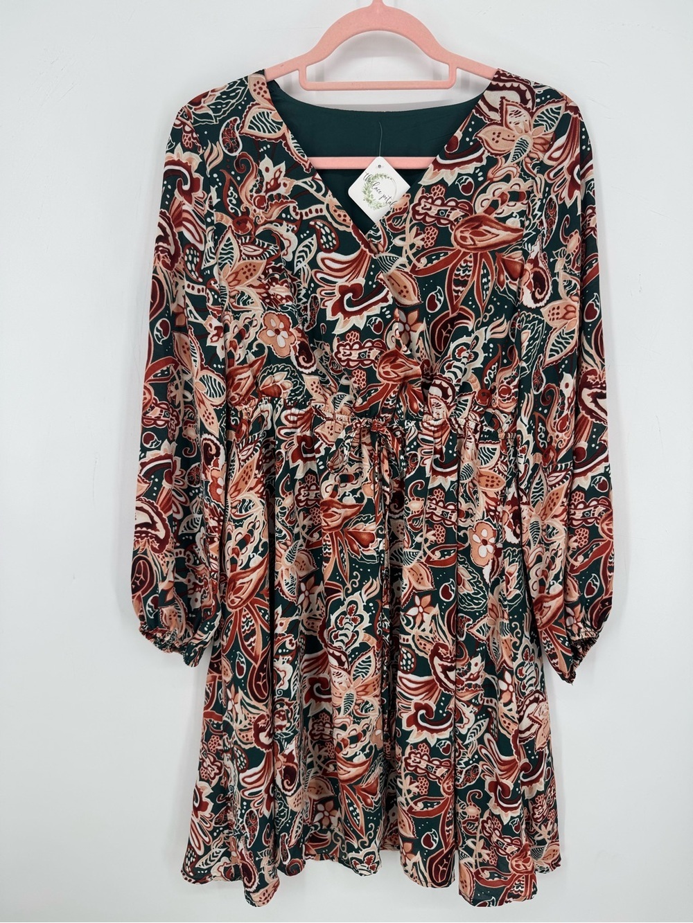 Boutique Boho Paisley Floral Balloon Sleeve Tie Waist Mini Dress Size Small NWT